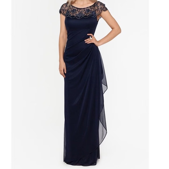 Xscape Dresses & Skirts - Xscape Beaded Yoke Cap Sleeve Round Neck Ruched Cascade Ruffle
Side Gown
